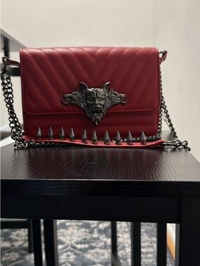 La Femme En Noir Red Quilted Chain Shoulder Bag with Dracula Emblem
